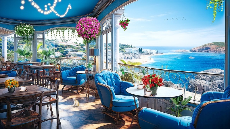 Seaside Cafe Ambience Bossa Nova Music, Smooth Jazz BGM, Brunch Time, Ocean Wave Sound for