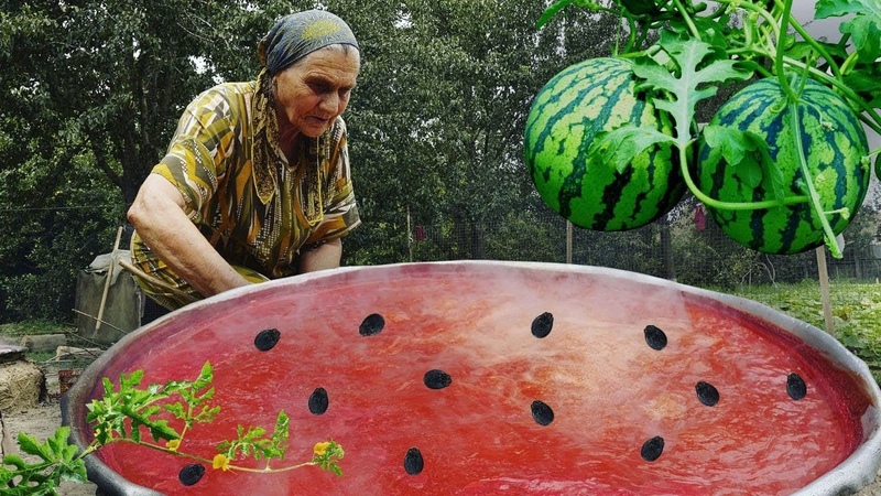Grandma making WATERMELON HONEY. Dagestan village